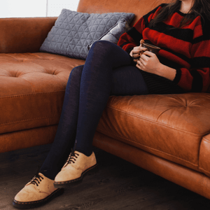 woman wearing night blue merino wool textured tights nz