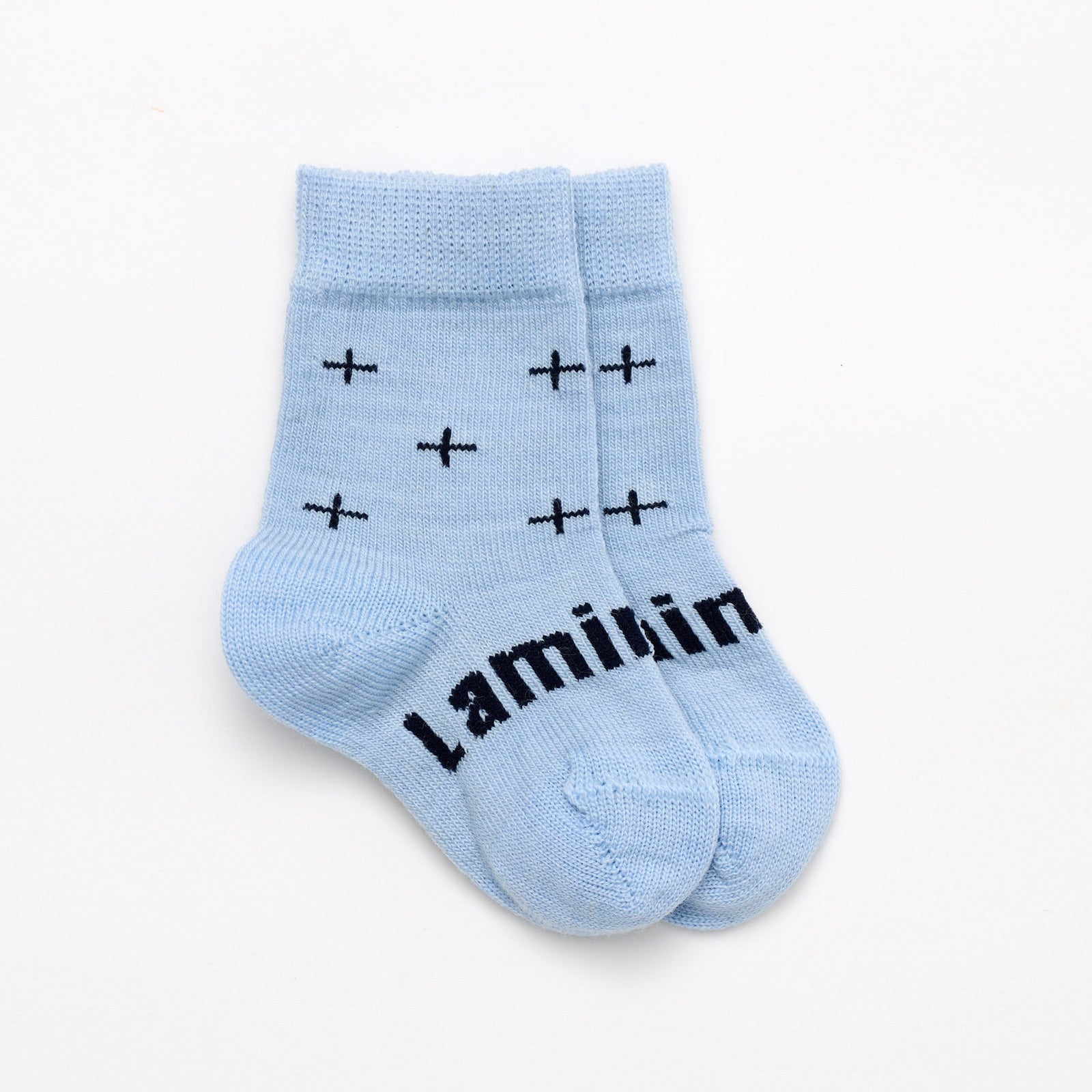 Light Blue with dark blue crosses merino wool baby crew socks by Lamington NZ
