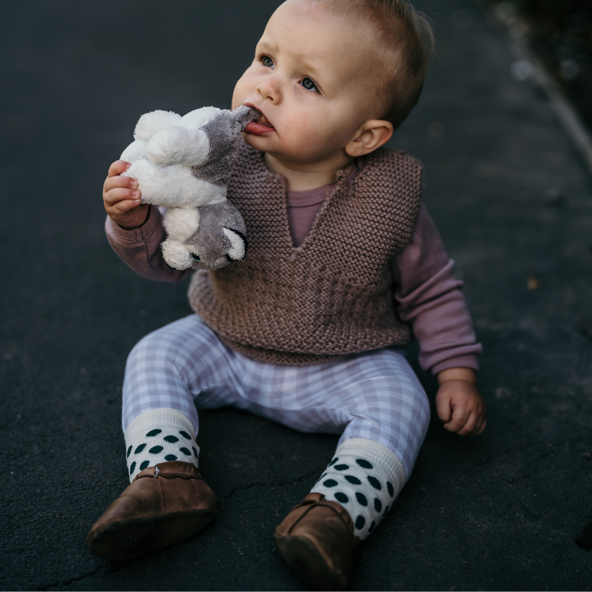 Cream with dark green spots merino wool baby crew socks by Lamington NZ