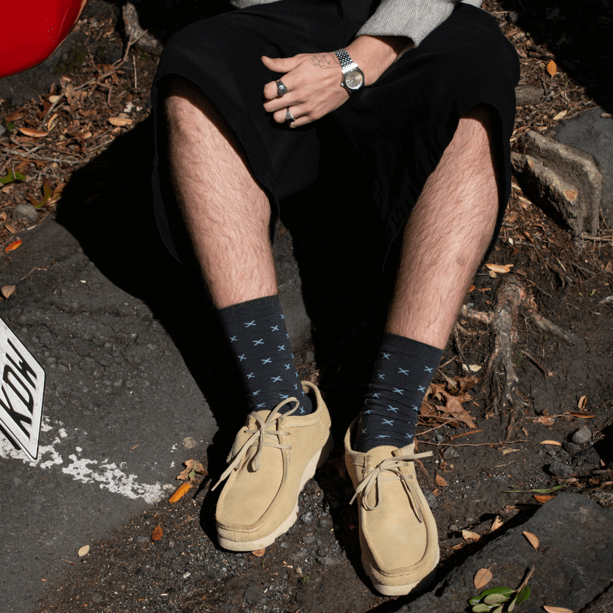 Dark grey with Blue crosses merino wool crew socks by Lamington NZ