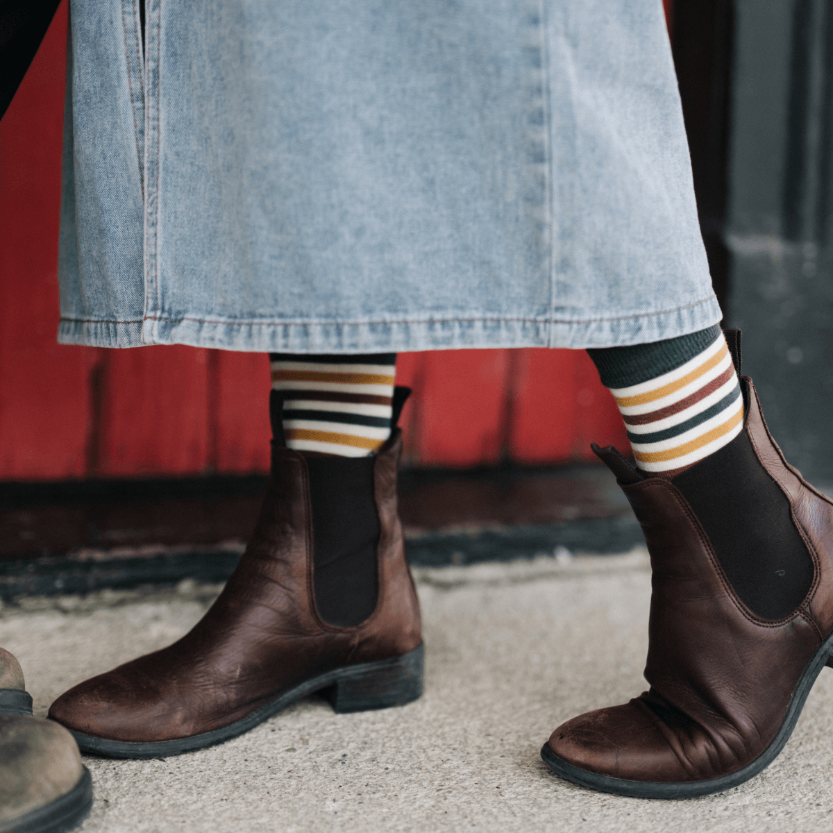 merino wool socks woman striped green, white, brown mustard