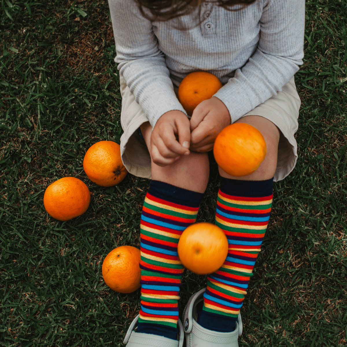 Merino Wool child Knee-high socks rainbow stripes by Lamington NZ